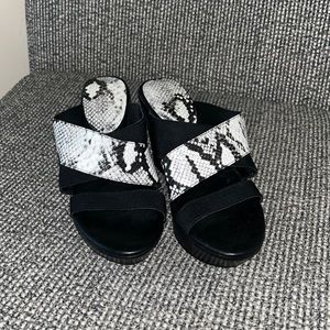 Black, white, and grey snakeskin print wedges